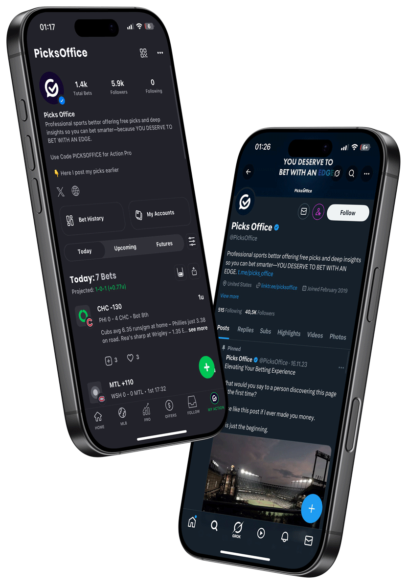 PicksOffice mobile app on iPhone showing sports betting dashboard